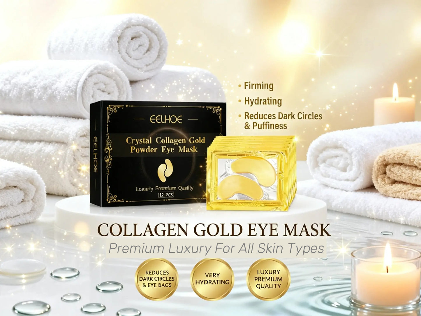 12 Pair Collagen 24K Gold Eye Mask Patches For Dark Circles, Puffy Eyes, & Eye Bags